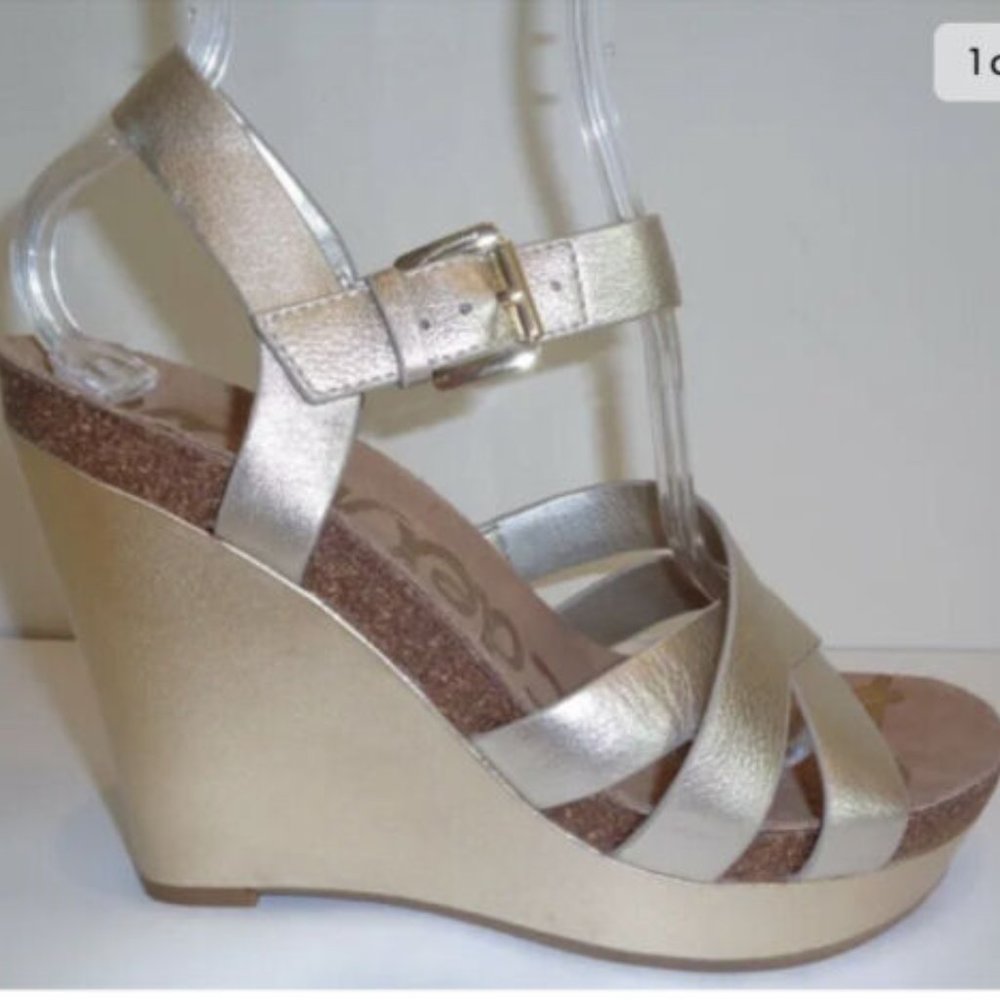 Sam Edelman Size 9.5 M NELSON Jute Gold Leather Wedge Sandals New Womens Shoes